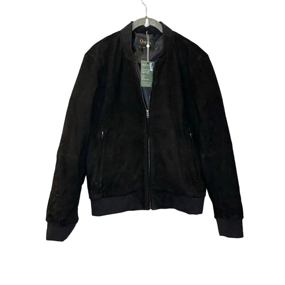 Quince Men's 100% Suede Bomber Jacket Black Full Zip Goat Leather Size M NEW - Picture 2 of 5